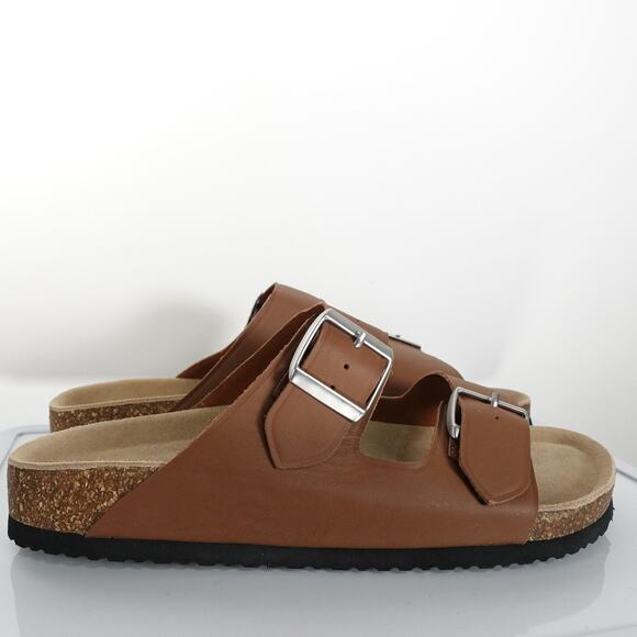New Quince Nappa Leather Double Buckle Slides Brown Women's Size 10 UT5-4083 - Picture 4 of 7
